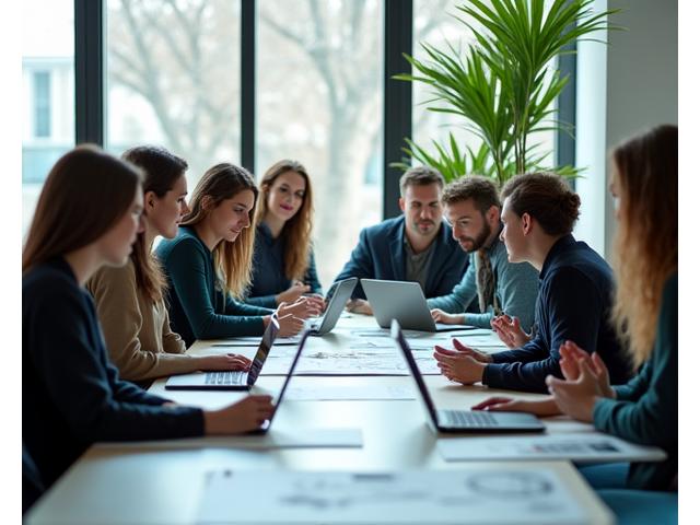 Team von Alpenklang Kreativ bei einer Strategiebesprechung, symbolisiert Kreativität und Partnerschaft.