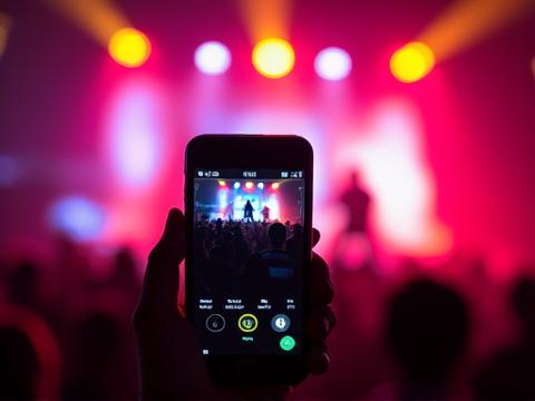 Konzertbesucher in Menge mit einem Künstler auf der Bühne