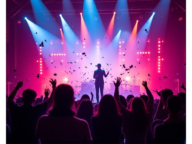 Konzertbesucher in Menge mit einem Künstler auf der Bühne