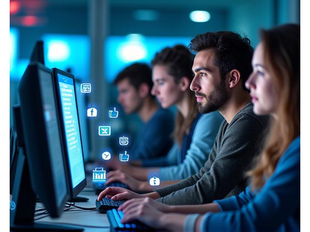 Team arbeitet an einem Computer und interagiert mit Sozialen Medien