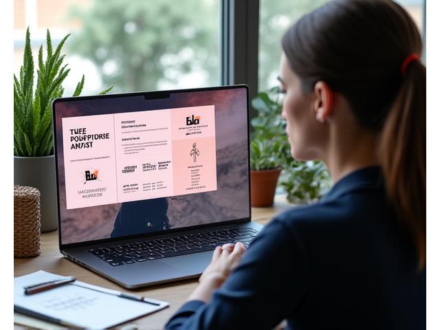 Person sitzt nachdenklich vor einem Laptop mit verschiedenen Branding-Elementen auf dem Bildschirm