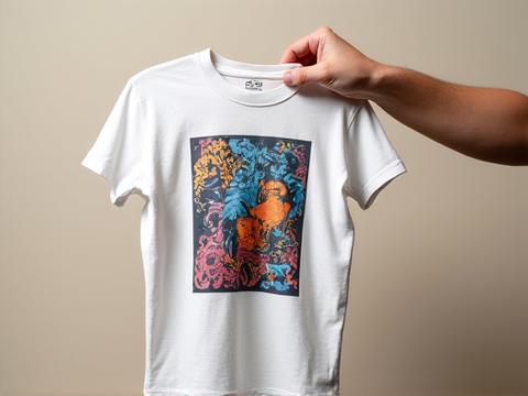 Hand hält T-Shirt mit unique Design